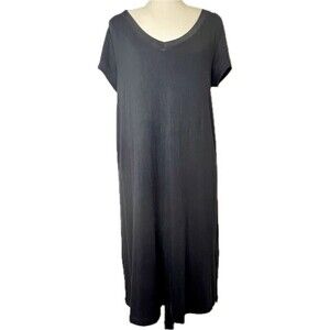 Tahari Midi Dress Short Sleeve‎ Black V-Neck Stretchy Minimalist Size S